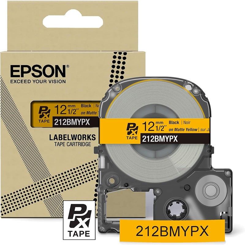 LABELWORKS Epson 212BMYPX Genuine PET (Polyester) Tape Cartridge - Black on Matte Yellow Designer Craft Label Maker Tape - 1/2" (12MM) Wide, 26' - Image 1